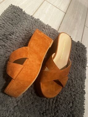 Stuart Weitzman Suede Platform Slide Sandals in Rust Orange